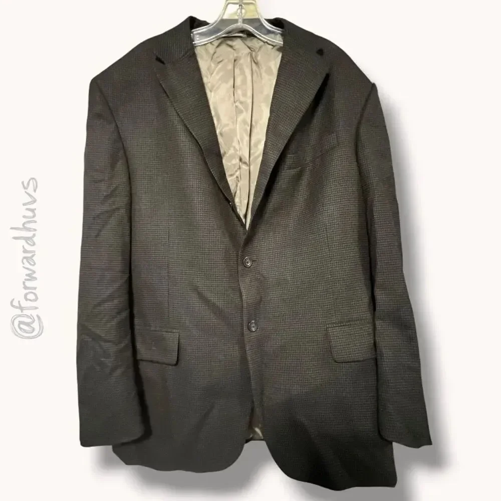 ☑️ Oscar de la Renta Wool Sport Coat Blazer Brown Check 2 Button 46R